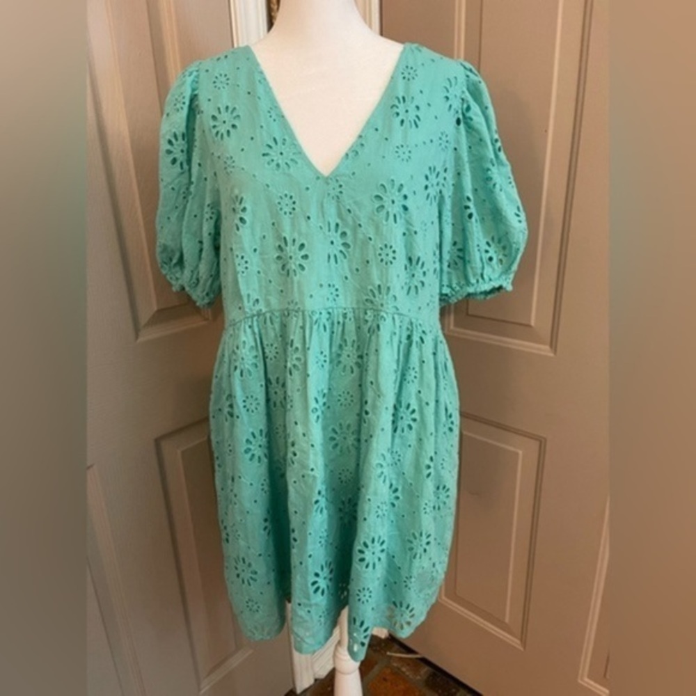 Mustard Seed Aqua Eyelet V-Neck Mini Dress